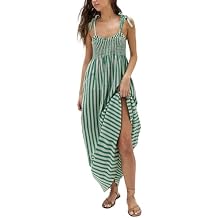 Lentta Women's Striped Smocked Maxi Dress Causal Spaghetti Strap Stretchy Flowy Swing Long Dress with Pockets