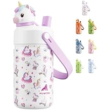 POWCAN 12 oz Kids Water Bottle for School: 2-in-1 Straw Spout Lid with Soft Animal Head, Leakproof, Keep Cold 24H, Backpack Friendly, BPA-Free, Stainless Steel Cup for Sports, Gift (Unicorn Starland)
