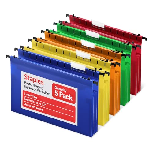 Staples Poly Expanding Hanging File Pockets, Letter Size, Assorted Colors, Durable Poly Construction 5Pack