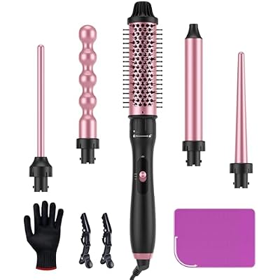 LANDOT 5-in-1 Curling Iron Wand & Thermal Brush Set: Create a Salon Blowout, Bouncy Curls, Waves & Tight Spirals with Interchangeable Barrels 9-32mm & 38mm Heated Round Brush for All Hair Types