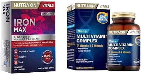 Nutraxin Iron Max 17 Mg 30 Tablet - Demir, C Vitamini, B6 Vitamini, Folik Asit, B12 ve Nutraxin Men's Multi Vitamin Complex 60 Tablet Takviye Edici Gıda