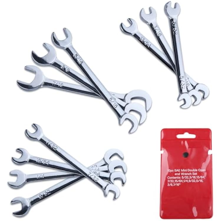 Super-Thin Open End Wrench Set SAE 10-Piece Including 532, 316, 1364, 732, 1564, 14, 932, 516, 38, 716 Mini Double Open End Wrench Set with Organizer Bag