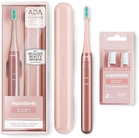 Aquasonic Icon Toothbrush and Replacement Brush Heads Bundle (Blush)