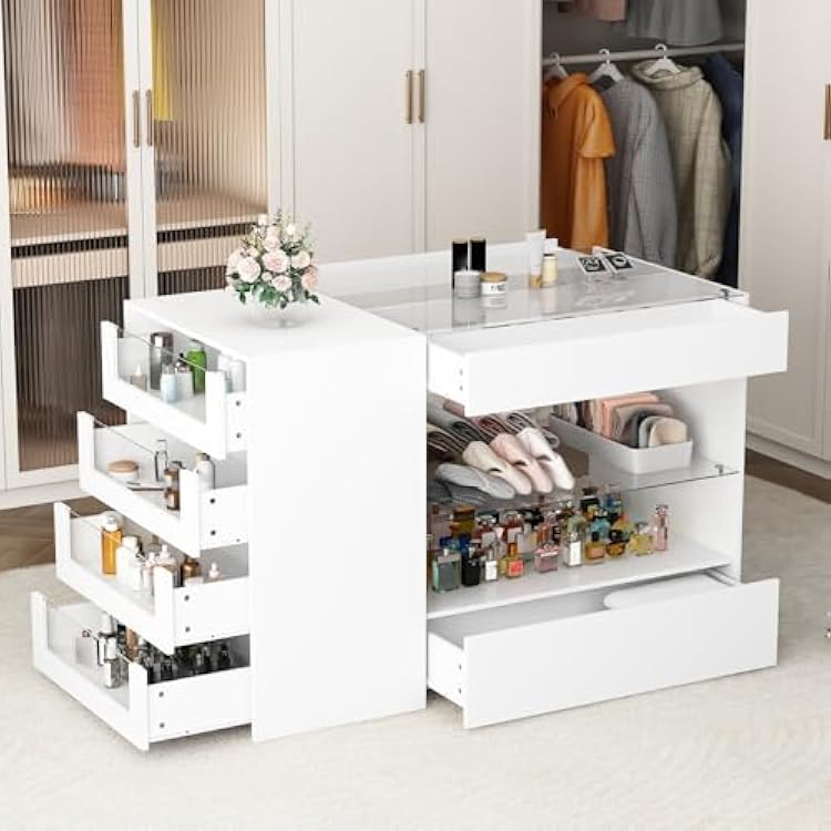 Homsee Wardrobe Armoire Bedroom Island with Glass Top, Glass Display Shelf & 6 Drawers, Wooden Closet Storage Cabinet with Open Shelves for Bedroom, Shops, White