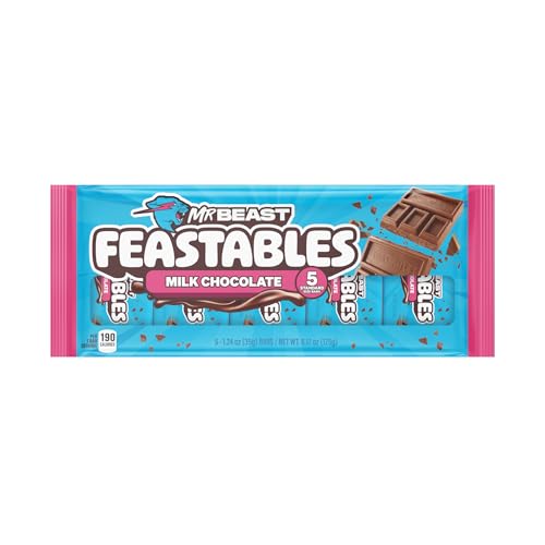 MrBeast Feastables Milk Chocolate Bar, Full Size, 5 Count, Smooth & Creamy Milk Chocolate Candy, Fairtrade Cocoa, 1.24oz Each