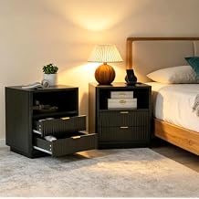 ROCSUMOO Black Nightstands Set of 2, Fluted Nightstands with 2 Drawers and Open Shelves, Large Wooden Night Stands Modern Design Night Stand for Bedroom Sofa Office (2, Black)