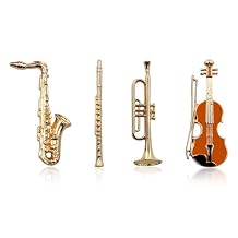 4 Pcs Musical Instrument Brooch Set,Golden Trumpet Violin Clarinet Saxophone Brooch Pin Music Themed Metal Badges Lapel Pin for Man Women Shirt Scarf Dress Suit Bag Decor Accessories Concert Gift