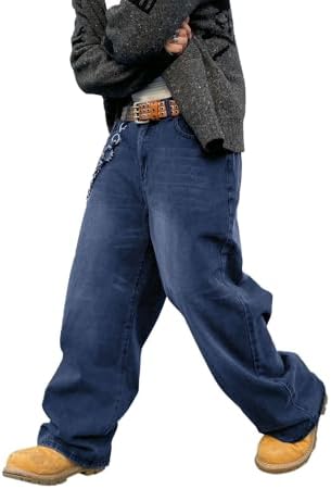 DFGIGT Mens Y2k Hip Hop Baggy Jeans Distressed Wide Leg Denim Pants Casual Loose Fit Trousers Streetwear Jinco Relaxed 2000s Extreme Motion Skater Skateboard Street,A30 Medium Blue,Small