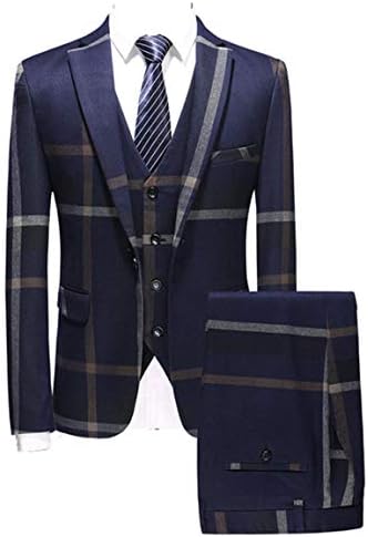 Mens Grey Plaid Slim Fit Tweed Wool Check Tuxedo 3 Pieces Jacket Vest Pant