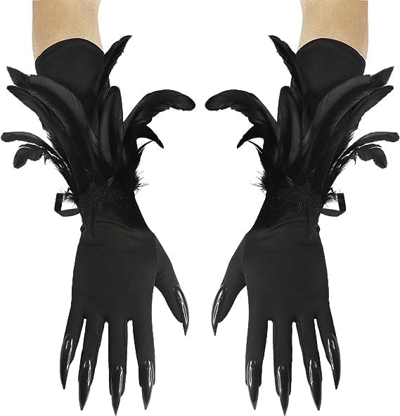 Halloween Costume Werewolf Paw Gloves Witch Long Nail Gloves Feather Cat Woman Claw Gloves Gothic Feather Cuffs Cosplay Demon Gloves Elbow Gloves Carnival Fancy Dress Black Devil Vampire Gloves
