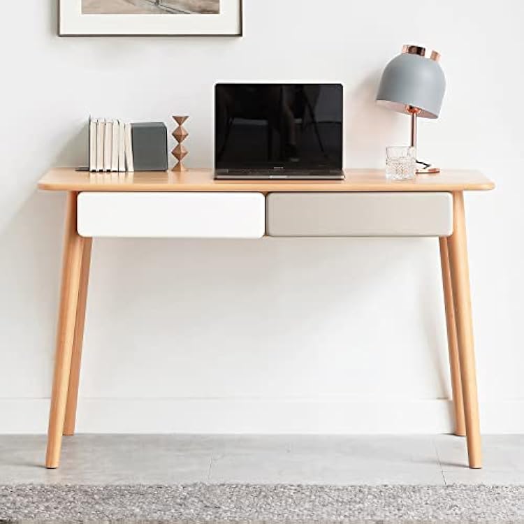 Solid Wood Computer Desk - 47 Large Size Office Desk with 2 Drawers, PC Table with Gap Design for Home Office, Work, Student, Study, Makeup Workstation Beech