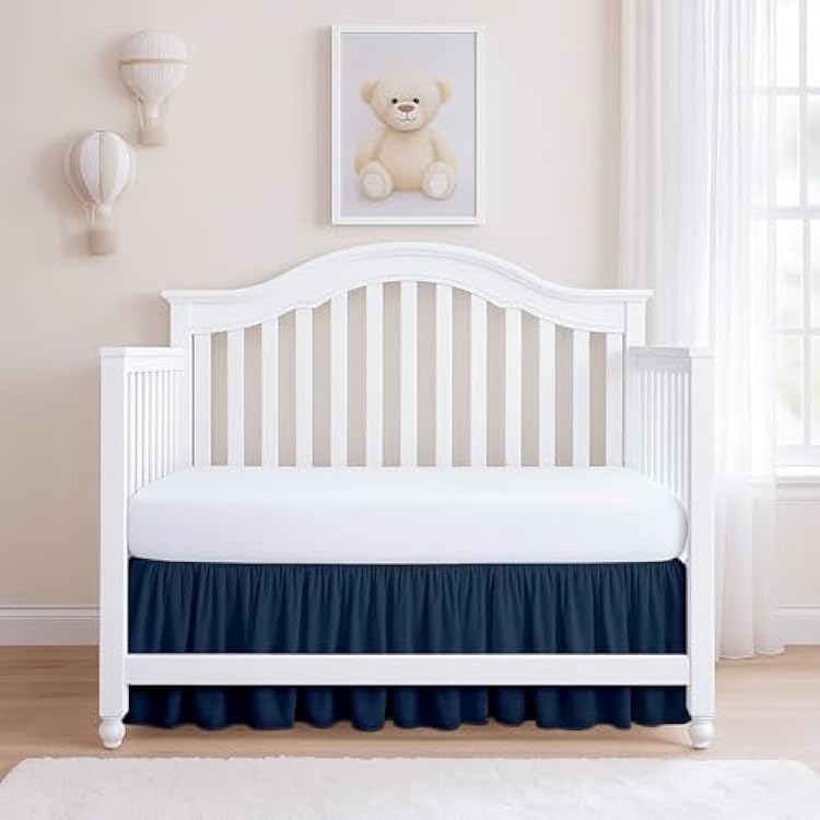 Rajlinen Ruffled Crib Bed Skirt, Microfiber, Dust Ruffle with Split Corners, 14 Drop, Nursery Toddler Bedding for Baby Boys or Girls, Navy Blue