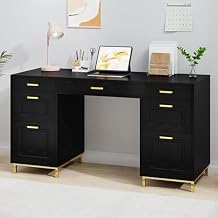 MaverickFurni Black Computer Desk with 7 Drawers, 57 Inch Home Office Desk with File Drawers, Wood Modern Desk with Storage for Bedroom, Executive Desk with Golden Legs and Handles, Black and Gold