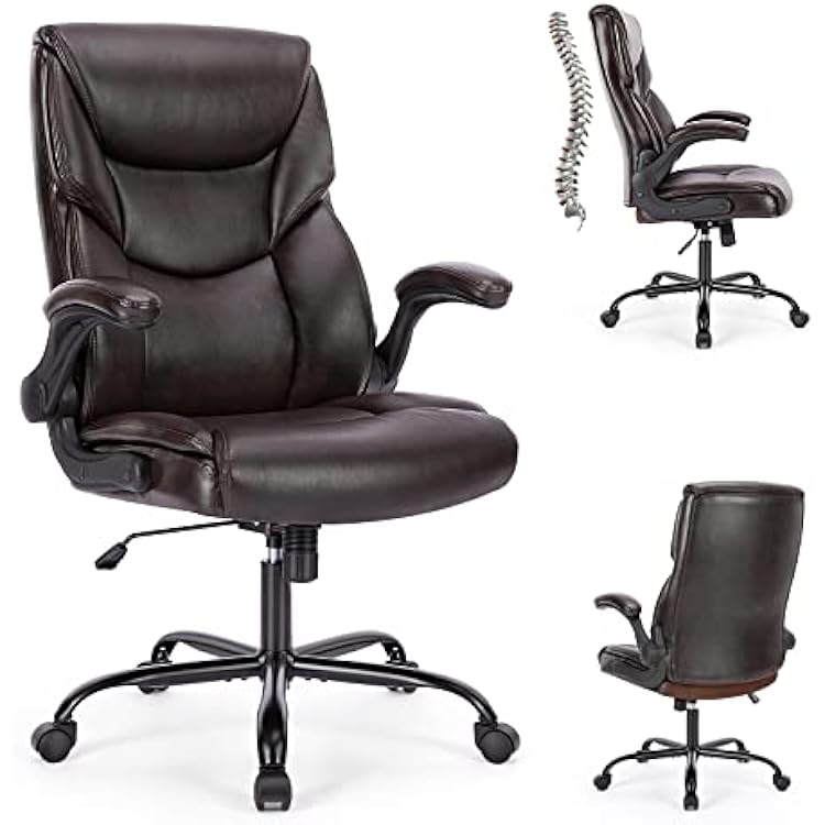 Ergonomic High Back Office Chair, PU Leather Executive Computer Desk Gaming Chairs with Flip-up Arms, Home Office Adjustable Swivel Rolling Chair with Wheels - Brown