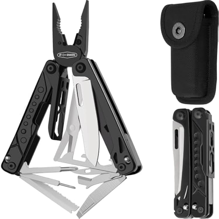 PERWIN Multitool, 20-in-1 Stainless Steel Multi Tools Pliers with Nylon Sheath, Safe Locking, Professional Multi-Tool for Survival, Camping and Hunting, Black