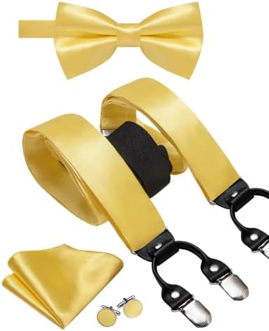 Hi-Tie Men Suspender Bowtie Set Suspenders Pre-tied Bow Tie Pocket Square Cufflinks Adjustable Y Shape 6 Clips Braces Tuxedo