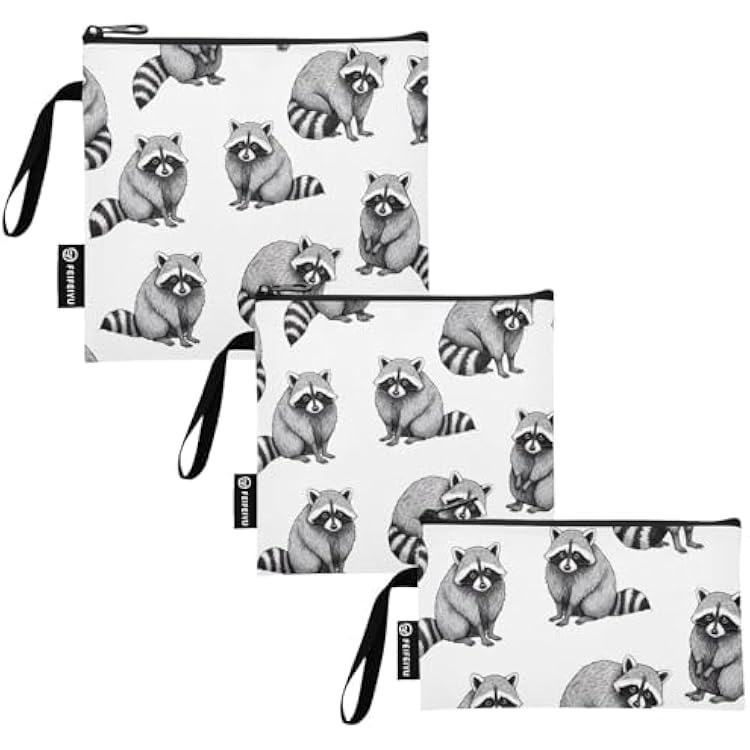 Cute Raccoons Gray Reusable Sandwich Snack Bags Washable Fabric Food Storage Bags with Zipper for Kids Students Adults Set of 3: SML