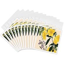 3dRose Greeting Cards - Allamanda and Clarkia Flowers in Bright Yellow and Lavender - 12 Pack - BLN Japanese Woodblock Flowers by Tanigami Konan