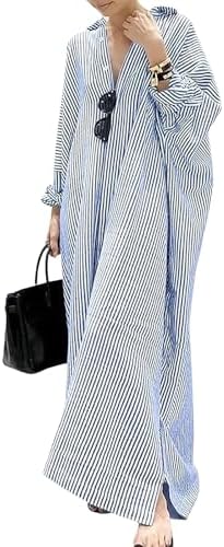 ebossy Womens Casual Stripes Buttoned Long Sleeve Oversized Loose Fit Maxi Shirt Dress Plus Size