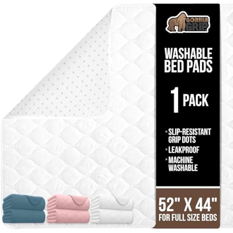 GORILLA GRIP Washable Underpads, Waterproof Reusable Heavy Absorbency Incontinence Bed Pads, Leak Proof Toddler Mattress Pad, 52x44 Slip Resistant Protector for Bedwetting, Adults and Kids, White