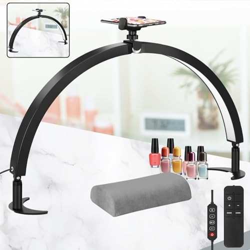 Adjustable Height Half Moon Light for Nail Desk,29In 40W Nail Tech Lamp with Phone Holder, Led Desk lamp for Tattoos, Eyebrows, Wire Controller & Remote, Stepless Dimming & 3 Color Temperature