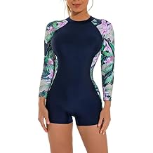ABOCIW Womens Boyleg One Piece Rashguard Long Sleeve Swimsuit Floral Print Surfing Bathing Suit UPF 50+ Athletic Swimwear