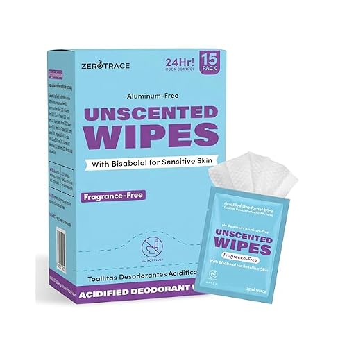 Zero Trace Unscented Deodorant Wipes - 15 Count - 24 Hour Odor Control - Aluminum Free Body Wipes for Women and Men - Individually Wrapped Travel Deodorant Wipe for Sensitive Skin - Fragrance Free