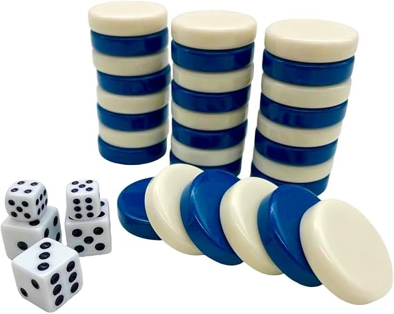 30 Pieces Backgammon Checkers Replacement Set Checker Board Games Playing Game Chips with 5 Dice Come with Drawstring Storage Pouch (Blue&Ivory 1.25 inch)