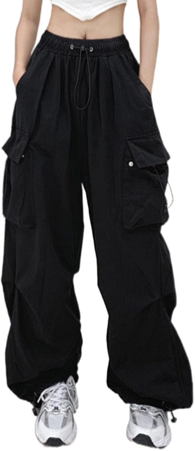 Womens High Waist Baggy Cargo Pants Drawstring Casual Loose Wide Leg Trousers Streetwear Hip Hop Joggers Sweatpants