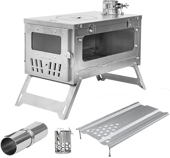 TOMOUNT Titanium Stove Titanium Compact 38.5 cm Wood Stove Portable Camping Stove with 3 m Chimney Tube Wood Stove for Tents, Shelters and Camping