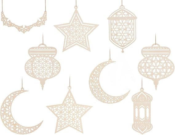 Anlising 9PCS Wooden Pendant Ornament Ramadan Kareem, Ramadan Wooden Pendant, Moon Star Wind Light Shape Pendant Ornament, Ramadan Kareem Decoration, for Muslim, Islam, Eid Al-Fitr, Decoration