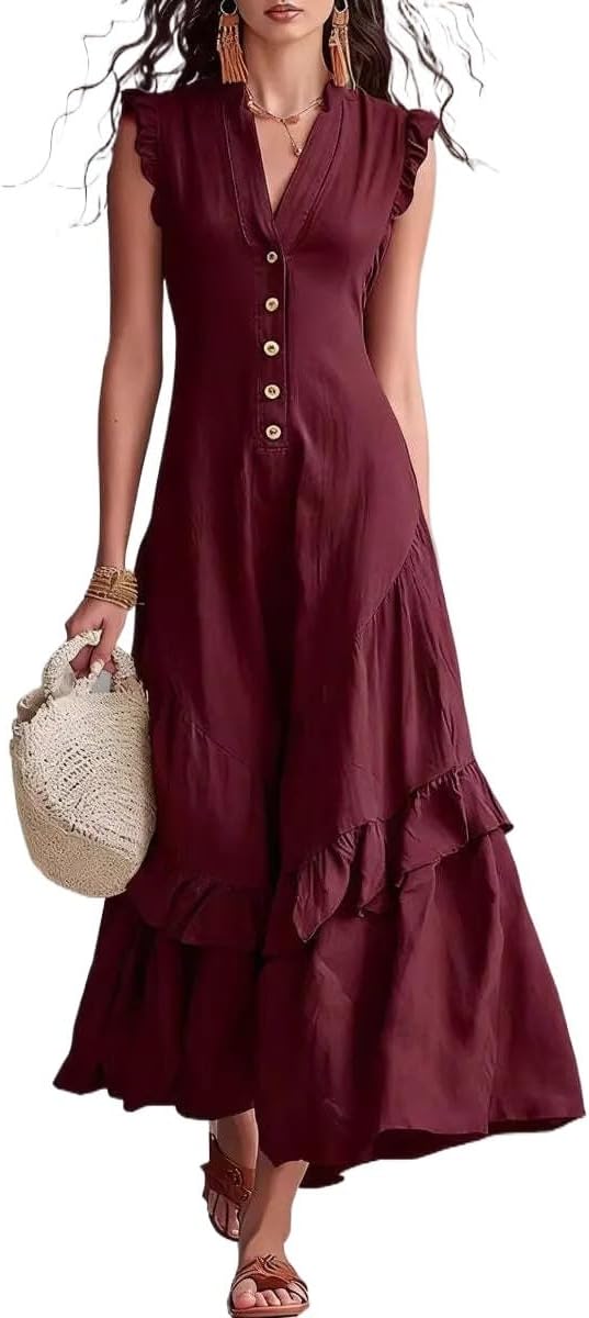 Women's Sleeveless V-Neck Ruffle Maxi Dress, Button-Front A-Line Boho Style, Summer Casual Long Dress