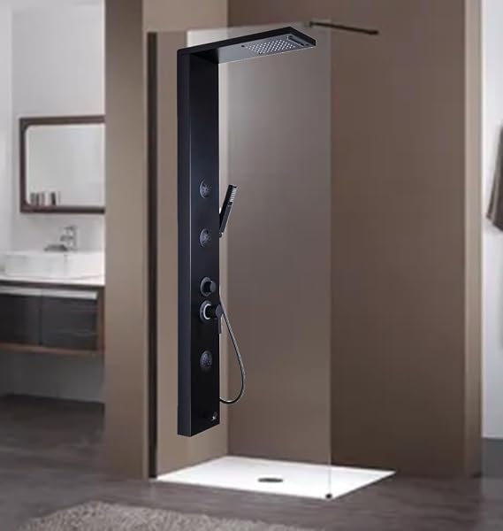 Sam Banyo Fırat Black Style Duş Paneli, Siyah, Yağmurlama Başlıklı, El Duşu ve Askı Aparatı Dahil, Çok Fonksiyonlu Banyo Sistemi