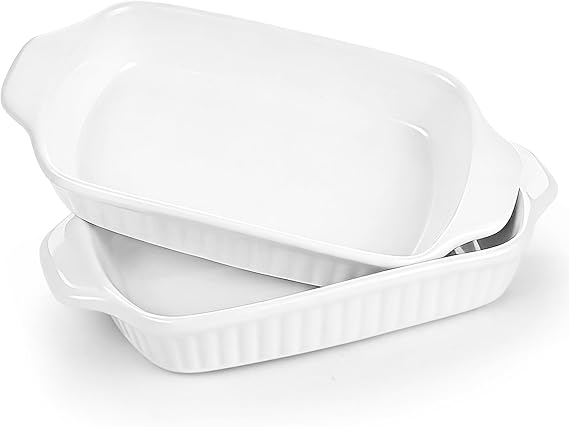 Rectangular Lasagna Dishes Set of 2, 7.5In White Ceramic Serving Dishes Roasting Dish Baking Dish with Handles for Pie, Casseroles, Oatmeal, Cheesy Corn, Brownie Oven Dishwasher Safe