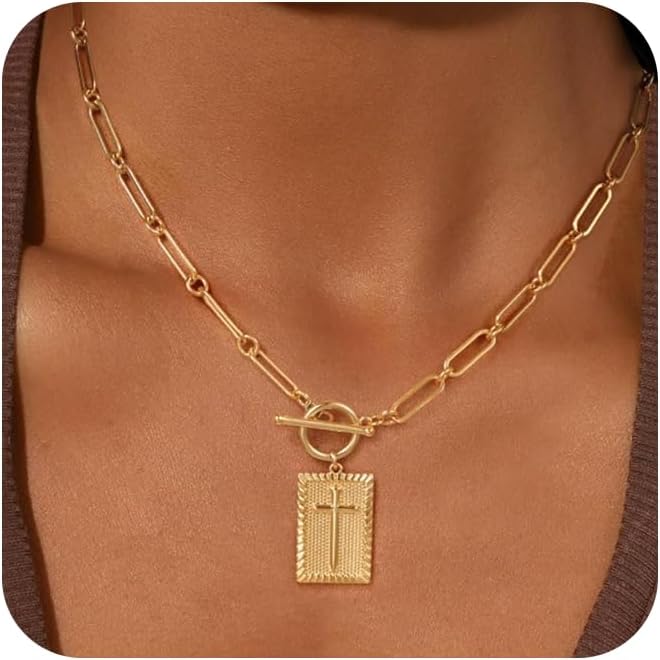 Gold Cross Necklace for Women Trendy Non Tarnish, Dainty 14K Gold Plated Paperclip Toggle Clasp Chain Necklace Rectangle Pendant Christian Religious Necklaces Gold Jewelry for Women Gifts