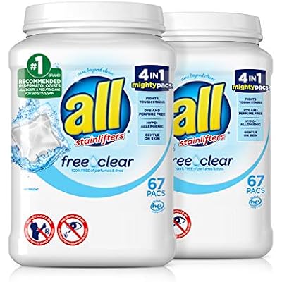 all Mighty Pacs Laundry Detergent, Free Clear for Sensitive Skin, 2 Tubs, 134 Total Loads,67 Count Pack of 2