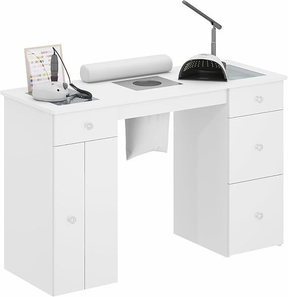 advwin Manicure Table for Nail Tech with Glass Top, Visible Drawers & Trash Bag Holder (White)