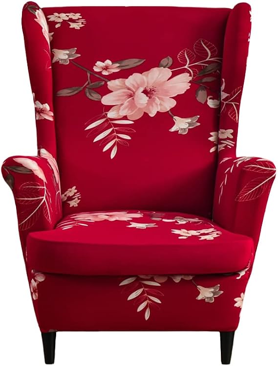 Wing Chair Slipcovers, 2 Piece Printed Wingback Chair Cover Stretch Spandex Armchair Covers with Elastic Bottom for Living Room Bedroom (Red)