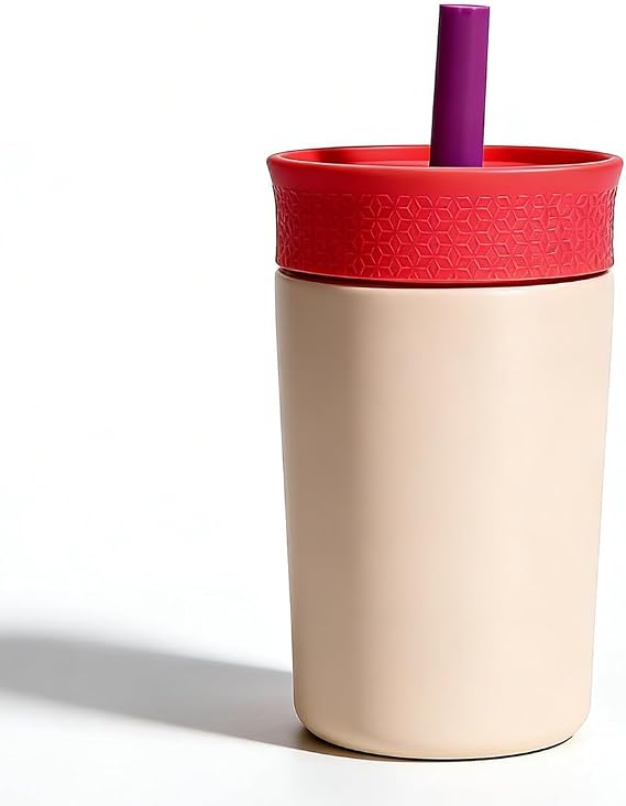 Insulated Stainless Steel Tumbler 12oz with Silicone Straw Lid, Leakproof Travel Coffee Cup, Double Wall Vacuum Insulated Tumbler for Hot & Cold Drinks, Reusable Car & Desk Cup (Beige)