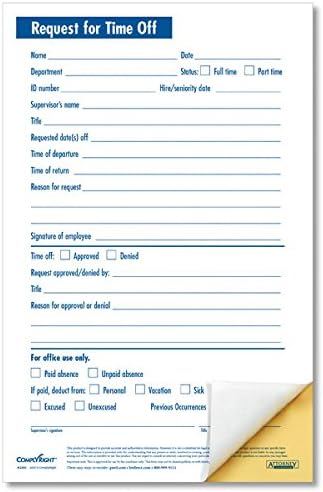 ComplyRight Small 2 Part Request for Time Off | 5-1/2" x 8-1/2" | Attendance Forms | 50 Pack
