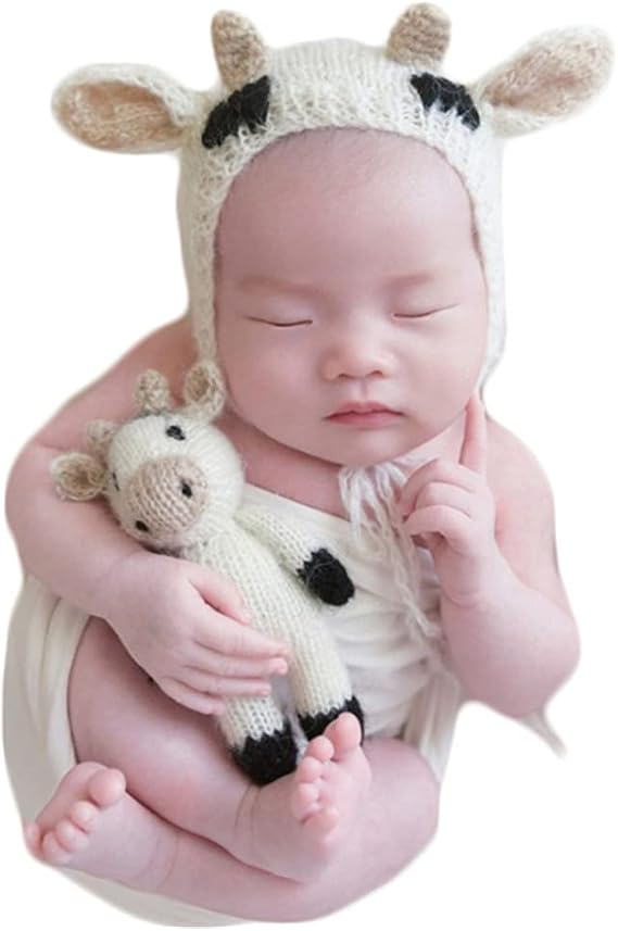 Newborn Baby Photo Prop Boy Girl Photo Shoot Outfits Crochet Knitted Clothes Cows Animal Hat Blanket Set Photography Shoot