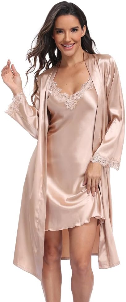 Women's Satin Nightgown with Robes Set 2 Piece Silk Bridal Bathrobe Set