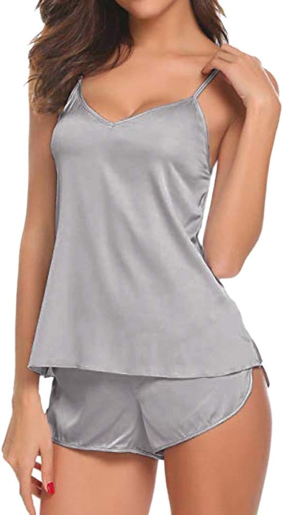 Women Sexy Underwear Pajamas Silk Dress Pajamas Bedding Set Women Sexy-Lingerie Sleepwear Satin Silk Babydoll Lace Up Nightwear Pajamas Set Gray-06#WER, L