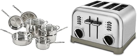 Cuisinart 11-Piece Cookware Set, Chef's Classic Stainless Steel Collection 77-11G & 4 Slice Toaster Oven, Brushed Stainless, CPT-180P1