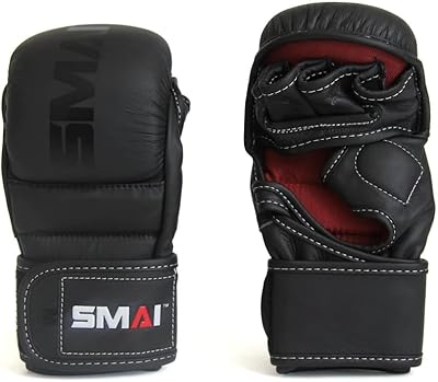 SMAI Leather Hybrid MMA Sparring Gloves: Premium Leather for Kickboxing, Cage Fight, Striking, Grappling, Martial Arts, and Heavy Bag Training. Open-Palm Design for Men and Women.