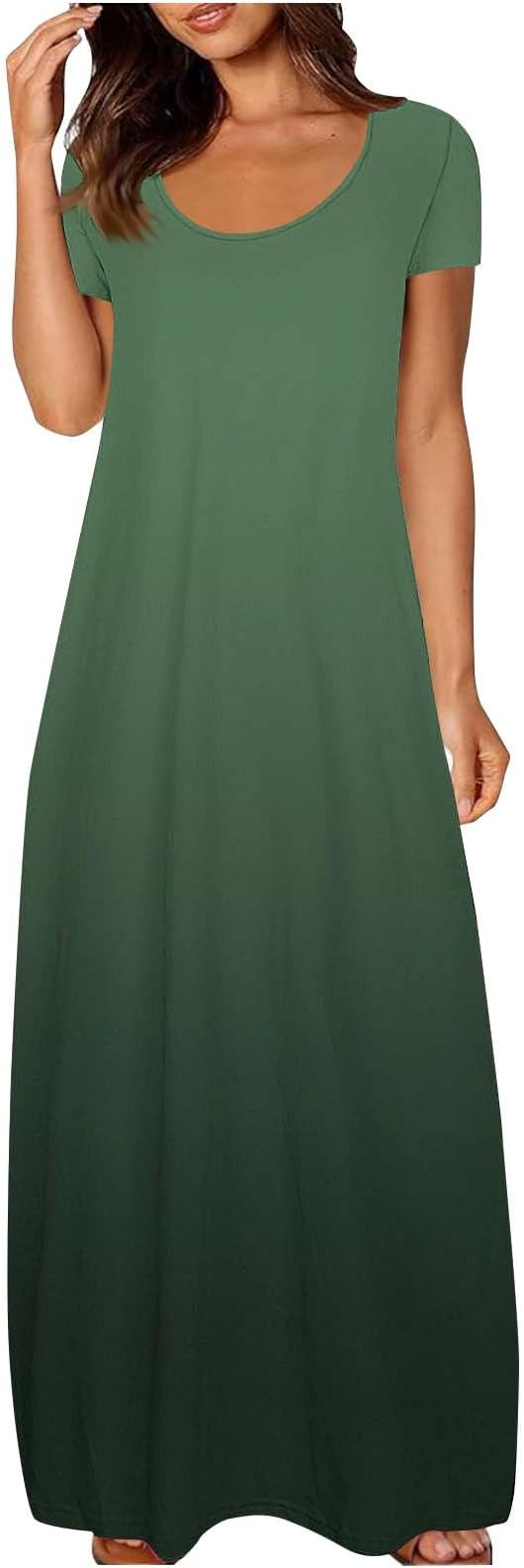 FZYLQY Ombre Casual Maxi Dress for Women, Trendy Short Sleeve Dresses, Comfortable Loose Fit Summer Dress for Everyday Wear