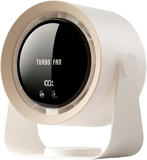 Desk Fan, USB Rechargeable Quiet Desktop Fan with 5400mAh Battery & LED Display, Adjustable Speed Control, 90 Tilt Head Hangable Table Fan for Office, Bedroom, Dorm, Kitchen (Khaki)