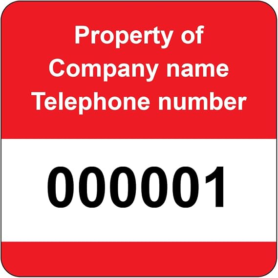 250 Personalised Serial Numbered Asset Tag Labels Custom Stickers- Red 40mm x 40mm Permanent Vinyl Labels