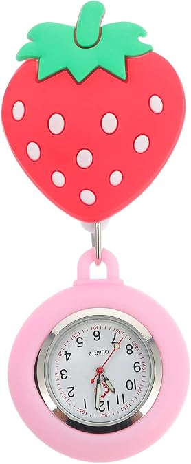ibasenice Nurse Pocket Watch Clip-on with Stretchable Strap Large Dial Strawberry Design Hanging Watch for Nurses and Doctors