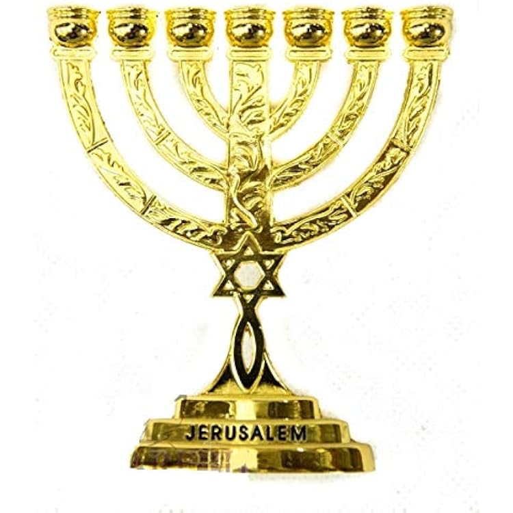 Nazareth Market Store Golden Messianic Temple Menorah 7 Branches Star of David & Fish Jerusalem 4